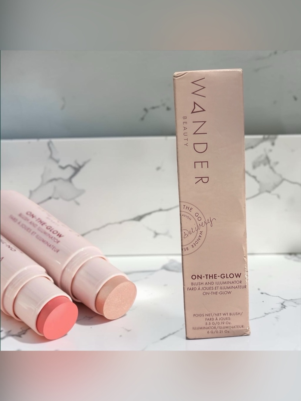 NIB-Wander Beauty On-The-Glow Blush & Illuminator Stick — Coral Rose/Nude Glow
